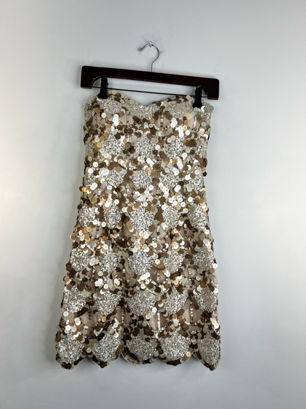 Sherri Hill beige brown sequin strapless sweetheart mini cocktail party dress 2 - Picture 3 of 17